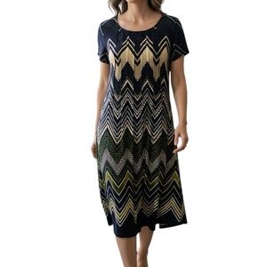 PERCEPTIONS Dress Size 10 Short Sleeve Straight Style Navy Blue Green Chevron